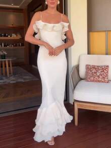 New Women's Fashion Strapless Backless Ruffle Dress Bodycon Gown Long Dress - 白色(25065) - 查看 1