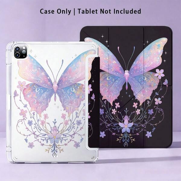 色彩缤纷的蝴蝶花卉图案亚克力水晶保护壳，兼容荣耀和苹果平板电脑。防弯折，加固硅胶边缘，自动唤醒/睡眠功能，内置笔槽，多角度可折叠支架——完美日常保护，理想礼物之选。