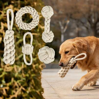 4pcs/5pcs Set Linen Chew Toys For Dogs, Suitable For Medium & Small Breeds Like Golden Retriever & Poodle, Includes Knotted Rope, Rope Stick, Rope Ball, Helps Clean Teeth & Relieve Boredom, Durable & Suitable For Outdoor Tug-Of-War & Indoor Play