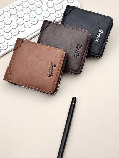 1/2pcs Men's High-End Zipper Wallet With Change Compartment, Casual Retro European And American Style