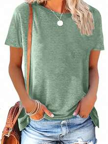 3pcs Plus Size Solid Color Round Neck Short Sleeve Loose Casual T-Shirts, Suitable For Spring/Summer Daily And Home Wear, Machine Washable - Multicolor - View 6
