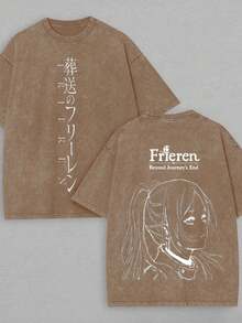 Plus Size Anime Oversize Washed T-Shirt, Frieren Anime T-Shirt, Vintage Wash Graphic Tee, Manga Streetwear,Retro And Vintage Style, Gift For Him,Gift For Her,230g 100 Cotton,Mens T Shirt - 棕色 - 查看 1