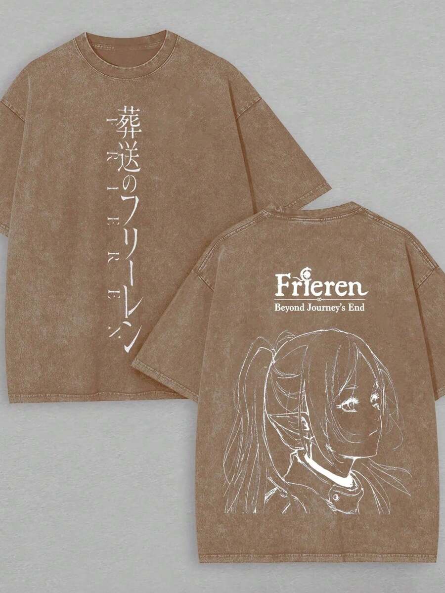 Plus Size Anime Oversize Washed T-Shirt, Frieren Anime T-Shirt, Vintage Wash Graphic Tee, Manga Streetwear,Retro And Vintage Style, Gift For Him,Gift For Her,230g 100 Cotton,Mens T Shirt - 棕色 - 查看 1