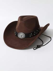 1顶男女通用牛仔帽，独特牛头水钻皮带遮阳帽，新款复古赛博朋克时尚酷炫新奇朋克可调节宽檐帽，街头风造型，男士礼物，适合派对、西部主题活动、聚会、角色扮演、毕业典礼、化装舞会、节日、生日庆典、音乐节、徒步旅行等场合。 - A - 查看 6