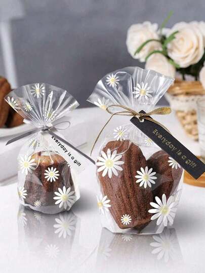 50/100 piezas Bolsas de caramelo con margaritas blancas - Bolsas de embalaje para hornear galletas transparentes - Adecuado para caramelos, chocolates, galletas, paletas, bodas, cumpleaños, recuerdos de fiesta - Suministros de embalaje, suministros de embalaje de regalos DIY, suministros de fiesta, suministros navideños, mejores regalos