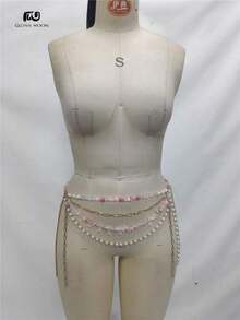 Glossmoon Pink Beads Festival Top Body Chain Chest Chain Body Chain Bikini Jewelry Beachwear Music Festival Nightclub Outfit - 粉紅色上衣 - 查看 3