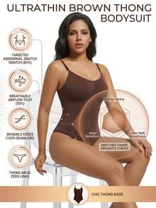 一件式无缝提臀塑形连体衣，舒适弹力肩带，收腹提臀，丁字裤，女士无缝塑身衣，提臀提腹连体衣 - 咖啡棕 - 查看 3