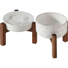 Ceramic Raised Slow Feeder Dog Bowl Set With Acacia Wood Stand - 2 x 白色 + 支架 - A - 查看 1