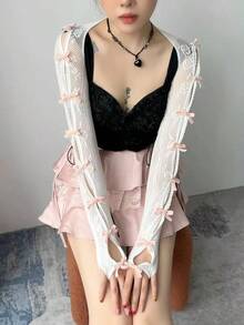 1pc Pink Lace Shawl With Bow Knot And Sleeves Suitable Parties And Weddings Valentine's Day - 粉色 - 查看 13