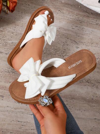 Sandalias de dedo elegantes con lazo, parte superior blanca y suela marrón, ligeras y cómodas para verano, playa y vacaciones para mujeres, adecuadas para caminar, viajar, playa, fiesta y diversas ocasiones