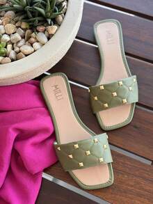 Renata Milli Milli Elegant Women's Flat Sandal, Stylish Beach Sandal, PU Leather, Appliques, Spikes, Studs, Summer Beach - 橄欖綠 - 查看 2