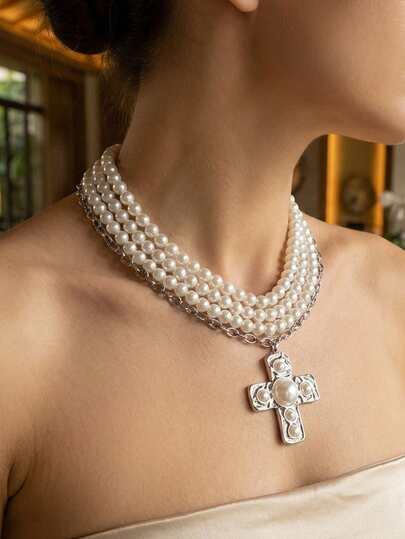 1pc Multi-Layer Cross Alloy Pendant Necklace With Pearl Beads, Suitable For Women To Wear For Beach Vacation, Dating