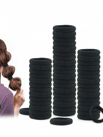 100pcs/Pack Women's Basic High Elasticity Hair Ties, Fashionable Minimalist Thick Hair Bands, Korean Style Black Hair Scrunchies