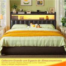 Full Upholstered Led Marco de Cabecero de Almacenamiento para Cama de Full con luz LED RGB, Marco de Cama de Plataforma de Terciopelo con Cabecera Wingback, Sin Ruido - Negro - Ver 8