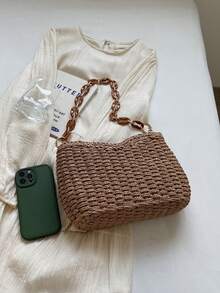 New Summer Niche Design Straw Underarm Beach Bag, Chain Minimalist Fashion Handwoven Shoulder Bag - Khaki - View 4