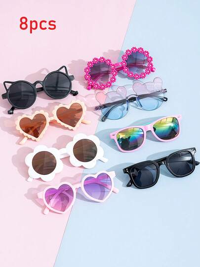 8 piezas/1 pieza Gafas de moda con forma de osito pequeño para niños, perfectas para uso diario. Gafas de moda con formas de ositos pequeños y formas de flores para niños, adecuadas para uso diario. Estuche de gafas Nuevas gafas de moda para adolescentes, gafas de moda redondas con flores para adolescentes, gafas para niños y niñas, gafas