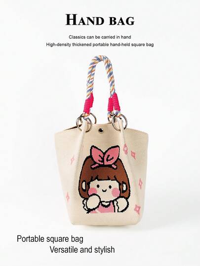Cute Floral Multi-Color Knot Decor Large Capacity Bucket Bag, Handheld Tote, Elegant Multifunctional Travel Handbag