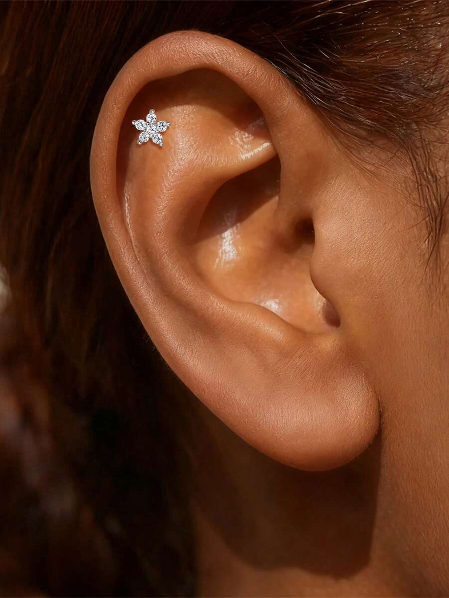 1pc 925 Sterling Silver 18K Gold Plated Flower Shaped Stud Earrings, Suitable For Daily Wear, Party, Anniversary, Valentine's Day, Wedding Bride Jewelry - Silver - View 1