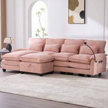 106" U-Shaped Sectional Sofa Cloud Couch For Living Room, Upholstery Comfy Modular Sofas, 4 Seat Chenille U-Shaped Sleeper Sofa, High-Density Sponge Filling, With Chaise Lounge, Ottoman & Pillows(Navy) - 粉色 - 查看 2