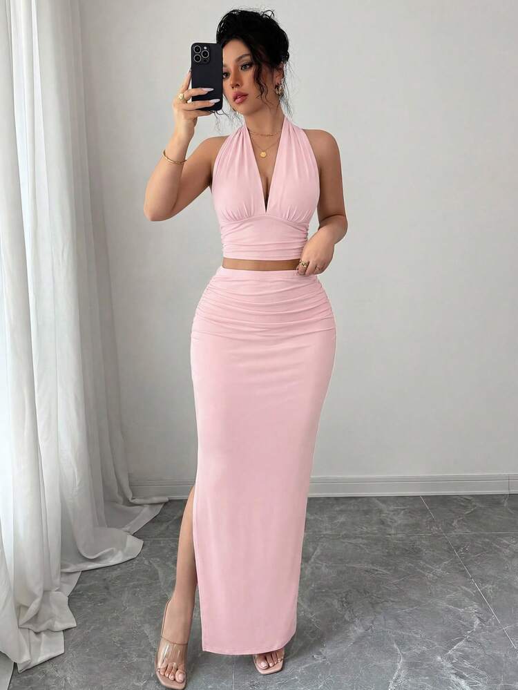 abyoxi Deep V-Neck Tie Strap Cropped Tank Top + Fitted Side Slit Pleated Maxi Skirt 2-Piece Set - Cherry Blossom Pink - View 5