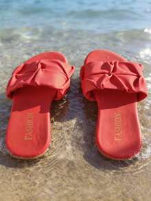 1双女童红色荷叶边PU鞋面+圆头设计+荷叶边宽绑带+平底+度假风凉拖鞋，适合海滩、日常穿着和2026年夏季度假穿着 - 紅色 - 查看 3