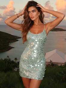 Women's Elegant Mint Green Sequin Spaghetti Strap Bodycon Mini Dress, Sexy Club Party Outfit - Mint Green - View 2