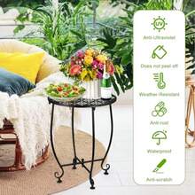 Juego de 2 mesas auxiliares para exteriores de 14 pulgadas para espacios pequeños mesa auxiliar de patio soporte para plantas mesa auxiliar redonda de metal para patio porche balcón y - Color4flor hueca - Ver 6