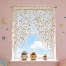 1 件套手工编织壁挂，波西米亚风叶子流苏窗帘，手工编织帘幔，手工编织蕾丝短帘隔断墙挂毯背景 - 不含木杆 - 白色 - 查看 5