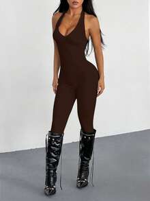 AITYI Studio 女士连体裤，通勤日常休闲V领露背纯色时尚性感修身舒适户外运动百搭Y2K风格派对俱乐部假日街头风，适合春季、毕业典礼、新年、情人节、复活节、狂欢节、音乐节等场合。 - 棕色 - 查看 7