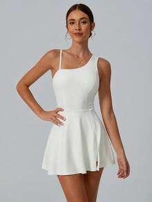 NcmRyu 女士连体不对称肩带侧开衩户外健身跑步瑜伽舞蹈网球高尔夫训练服 - 白色 - 查看 9