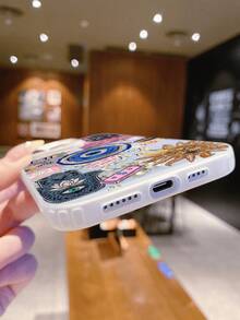 1件装 时尚邮票蓝眼旅行元素图案 奢华渐变银色硅胶软边亚克力硬背板 大孔镜头保护 防摔加厚PC金属按键手机壳 兼容///// - 銀色 - 查看 6