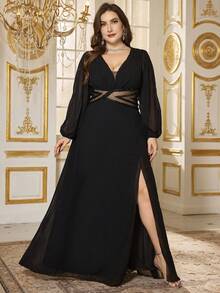 SUPGIR Deep V-Neck Long Sleeve Waist Hollow-Out Luxury Pearl Embroidery Patchwork Black Elegant Evening Gown - Black - View 3