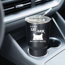 30oz Stainless Steel Tumbler Black White Options,  It's Not Cat Hair It's Kitty Glitter Graphic Cups, Insulated Travel Coffee Mug With Lid And Straw , Double Wall Vacuum Reusable Travel Cups, Funny Birthday Party Gift For Women & Men - 黑色 - 查看 2