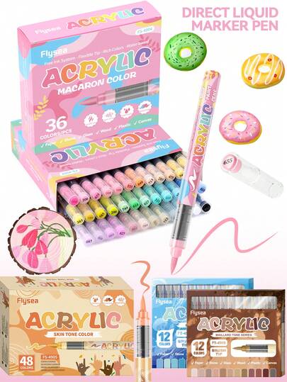 12-48色不透明丙烯马克笔套装，肤色和马卡龙色系，专业美术用品，适用于绘画、书法、剪纸、书写、卡片制作，适合学生使用