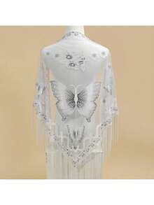 29.5inch * 55.1inch Triangle Scarf, Butterfly Flower Embroidered Lace Tassel Shawl, Elegant Breathable Windproof Outdoor Accessories - 黑色 - 查看 5