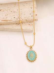 1pc Stainless Steel Enamel Sun Pendant Necklace, Women's Fashion Minimalist Pearl Chain Necklace - Necklace - View 4