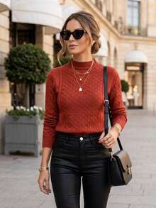 Women's Basic Modal Blouse With High Neck, Textured Knit Fabric, Winter Style, Delicate, Julook Knit, Cable Stitch, Daily Wear - Màu Cam cháy - Xem 3