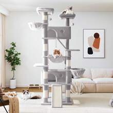 Allewie 81 Inches Tall Cat Tree, Multi-Level Large Climbing Tree House And Towers For Big Feline, Condo And Hammock, Scratching Post, Wide Base, Grey - Xám - Xem 1