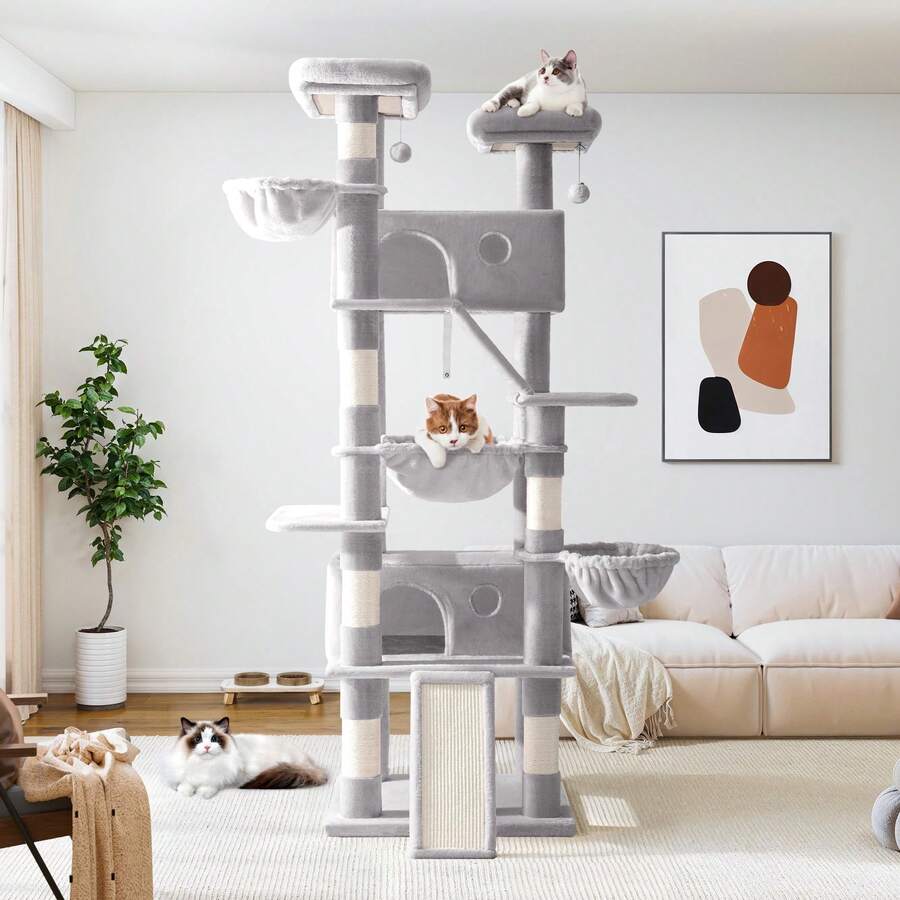 Allewie 81 Inches Tall Cat Tree, Multi-Level Large Climbing Tree House And Towers For Big Feline, Condo And Hammock, Scratching Post, Wide Base, Grey - Xám - Xem 1