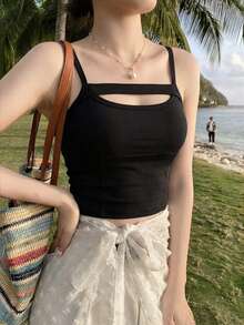 Summer New Women Hollow Chest Camisole, Built-In Padded Bra One-Piece, Sexy Sports Top, Underwear As Outerwear - Black - View 5