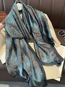 1条女士土耳其蓝色印花仿丝围巾，可用作头饰、围脖或服装配饰 - 松石藍 - 查看 5
