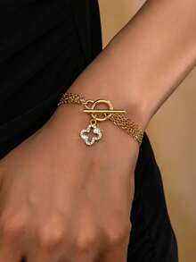 1件装多层链条OT扣镂空四叶草吊坠，简约优雅奢华首饰，适合派对和节日佩戴 - 金黃色 - 查看 1