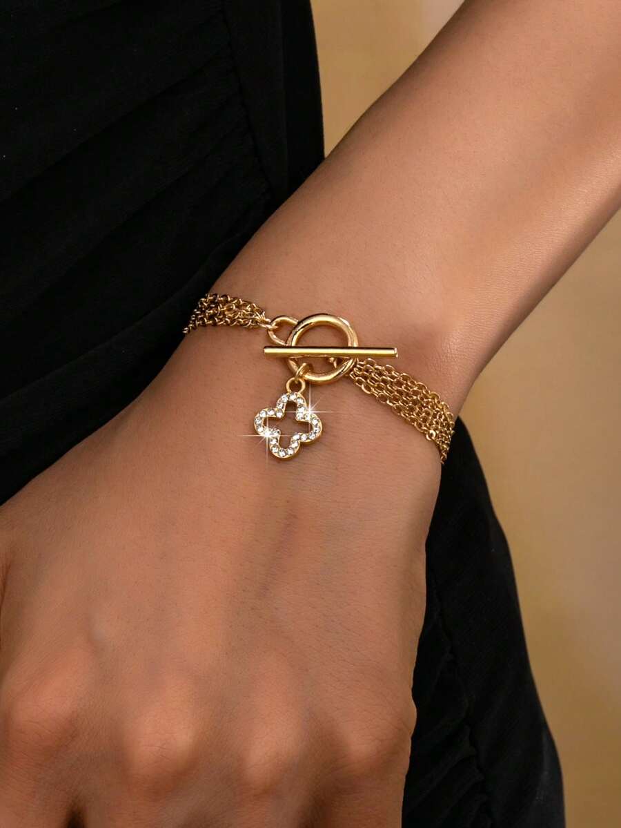 1件装多层链条OT扣镂空四叶草吊坠，简约优雅奢华首饰，适合派对和节日佩戴 - 金黃色 - 查看 1