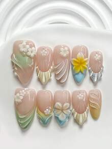10件套多巴胺风格多边形凝胶美甲套装，包含亚克力美甲贴纸、白色花朵美甲配件、手绘白色渐变花朵、纯色水波纹、贝壳纹理、蓝/绿/黄指甲油，是送给女性和女孩的理想礼物，套装内含美甲工具（1张果冻贴纸+1把指甲锉），三种尺寸可选：方形、短矩形、杏仁形 - 彩色 - 查看 13
