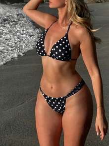 女士复古波点印花露背系带开衩比基尼套装，夏季海滩度假风 - 黑與白 - 查看 5