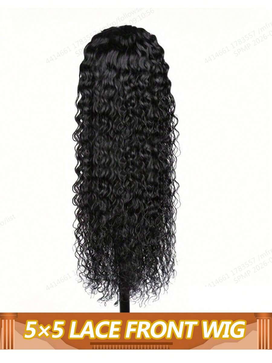 卷曲蕾丝前假发 水波纹真人发 自然柔软真人发假发 5x5 透明深波纹蕾丝闭合假发 女士款 180% 密度 - Natural Black - 查看 1