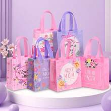 6/12个装母亲节高品质粉紫色礼品袋，印花无纺布手提袋，印有花卉和母亲节文字，适合作为妈妈生日惊喜礼物袋、派对生日礼物袋、纪念品包装袋、节日礼物袋，祝母亲节快乐 - 9065 - 查看 12