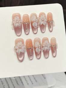 10片手工制作的椭圆形粉色花朵珍珠水钻美甲贴纸，适合派对和日常佩戴。粉色花朵珍珠质感柔和、闪亮、奢华。椭圆形美甲贴纸易于粘贴。适合女孩、女士、节日、派对、音乐节、日常佩戴、情人节、母亲节礼物。 - 粉色 - 查看 11