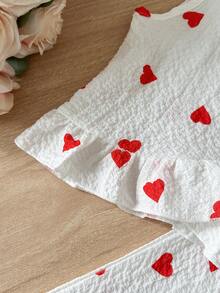 A Children's Clothing Set With A White Base And Red Heart-Shaped Print, Featuring Ruffled Details. - Multicolor - View 8