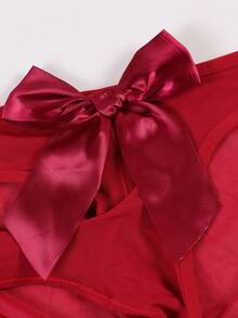 Men's Red Sexy Bow Decor Briefs, Thin Mesh Semi-Sheer Breathable Comfortable Daily Wear Thong With Bow Decor Necklace - Red - View 5